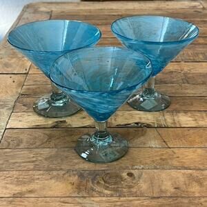 Crate & Barrel Calypso Aqua Hand Blown Seeded Martini Dessert Glasses Set of 3